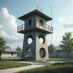 A typical guard tower at the Brunswick Correctional Facility, showing the distinctive "double-ring" security architecture common to Atlanta Government camps