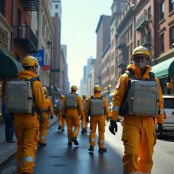 UN Emergency Response teams conducting radiation monitoring in Philadelphia, August 2035