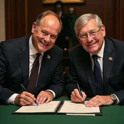 Irish Taoiseach Michael Martin and British Prime Minister Michael Gove sign the historic Irish Reunification Agreement, December 2020