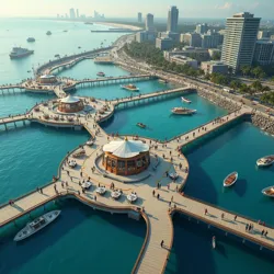 Aerial photograph of Wavecrest Heights' signature floating boardwalks during the annual Tide & Tempo Festival, showing intricate patterns formed by synchronized movement of pedestrians