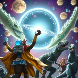 An artistic depiction of dinosaur Chrono-Lords wielding advanced technology.