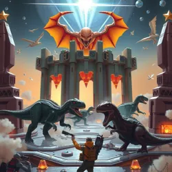 Artistic depiction of the Temporal Nexus under siege, showing dinosaurs using advanced technology.