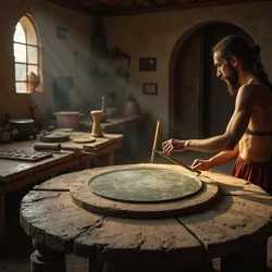 Ancient workshop reconstruction showing the mirror polishing process using specialized tools and techniques