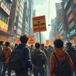 Members of the Verbal Heritage Front staging a demonstration against neural interface clinics in Neo Tokyo, 2148