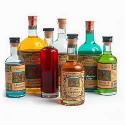 A collection of colorful Elixirs of Expansion in ornate bottles