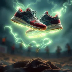 A pair of luminescent sneakers hovering above ground