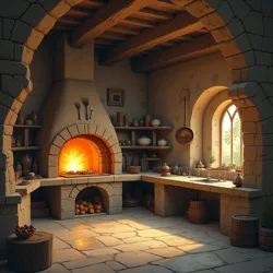 A traditional workshop-kitchen showing the integrated design of cooking hearths and metalworking forges