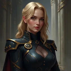 Depicts Chordmaster Lyra Thalas, the lead negotiator for the Mantelgard Concord, known for her mastery of Concordant Diplomacy.