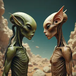 Two vastly different alien beings attempting to communicate, representing the challenges of cognitive and cultural disparity in xeno-acoustic communication.