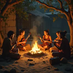 Proto-Syrinxian people gathering around a fire, playing early musical instruments and sharing stories.