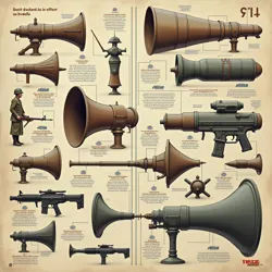 Ancient horns and drums are shown alongside modern acoustic devices, illustrating the long history and evolution of sonic warfare.