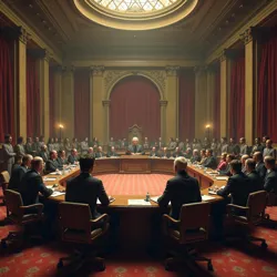 Depicts the Occulelgardian Senate during the Age of Silent Discourse, showcasing the use of strategic silences in political debate and decision-making.