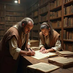 Scholar-Artisans in the Great Archive meticulously cataloging ancient texts, symbolizing the genesis of the First Precept in preserving knowledge.