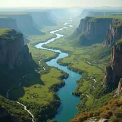 The Silverwood River carving through a broad valley in the Tyrian expanse, with fertile floodplains and varied riverbanks, highlighting its importance for irrigation and transportation.