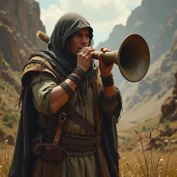 Member of the Sonnant Clan playing a resonant horn, demonstrating the acoustic communication methods developed by cultures living near Acoustic Mountains.