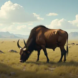 Tyrian Aurochs, large herbivores, grazing on the grasslands of the Tyrian expanse, highlighting the region's diverse animal life and grassland biome.