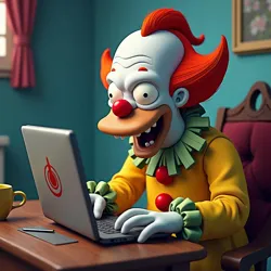 Krusty the Clown struggling with social media in KrustTok satirizing online fame and cringe culture.