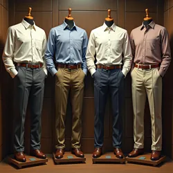 A curated collection of oxford shirts and wool slacks at the Museum of Pre-Impact Fashion, arranged to demonstrate the evolution of end-times attire