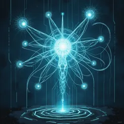 A visualization of theorized electromagnetic connections between ancient consciousness and modern digital systems