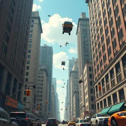 A scene from New York City during the 2037 Gravity Vacation, showing citizens and vehicles suspended in mid-air