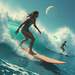 An artist's interpretation of Reality Surfers navigating probability threads during the 2037 Gravity Vacation