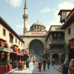 A bustling bazaar scene with diverse merchants and colorful goods