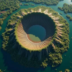 Satellite imagery showing the ancient caldera of the Araracuara supervolcano in the Colombian Amazon rainforest