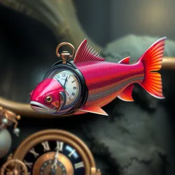 A digitally rendered image of a salmon with a clock embedded in its scales