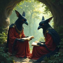 Members of House Corvidae studying ancient texts in their ancestral home within the Whispering Glade.