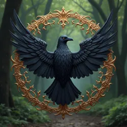 Stylized raven sigil of House Corvidae, wings outstretched, against a backdrop of ancient trees.