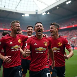 Manchester United team jubilantly celebrating their Europa League title victory at San Mamés Stadium in Bilbao against AS Roma.