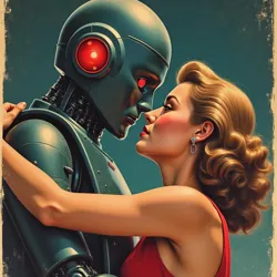 Movie poster showing art deco robot and pie