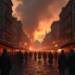 The Central Marketplace District of New Constantinople burns during the height of the riots