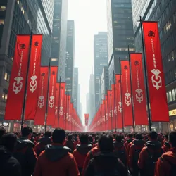 A Union of Humanity and Progress rally in Neo-Tokyo, 2954, featuring their distinctive red and silver banners