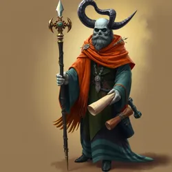 An artistic depiction of Jorak The Wanderer, holding a scroll and staff