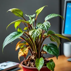 A disheveled office plant with mysterious brown spots