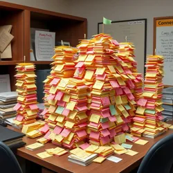 A desk covered in towers of unused sticky notes