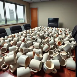 A meeting room with dozens of coffee mugs left behind