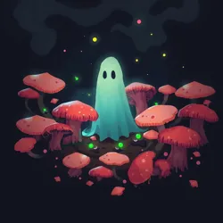 A ghostly figure surrounded by glowing fungi