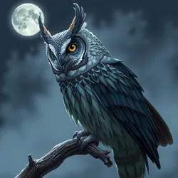 An Owl King perched majestically on a branch under moonlight