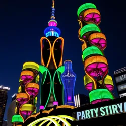 A vibrant Party Tower lit up at night with various themed floors visible.