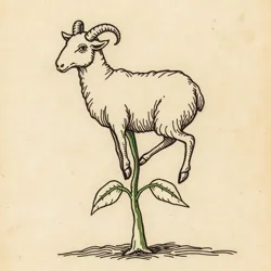 A poorly drawn medieval illustration of a Vegetable Lamb of Tartary, depicting a sheep growing from a plant stalk