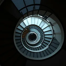 A spiral staircase filmed from multiple impossible angles