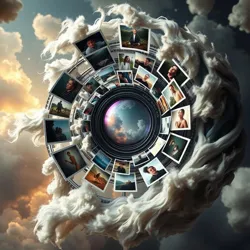 A spiral of floating photographs merging with brain waves