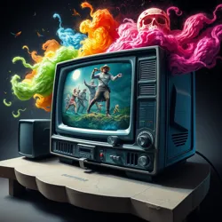 A twisted entertainment console emitting multicolored genre waves