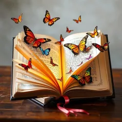 A magical book with pages transforming into butterflies flying in opposing directions