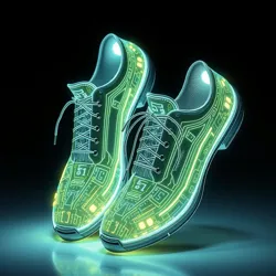 A pair of glowing digital shoes with circuitry patterns