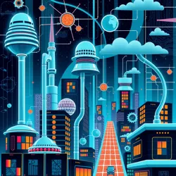 An illustration of a futuristic cityscape, blending organic and technological elements