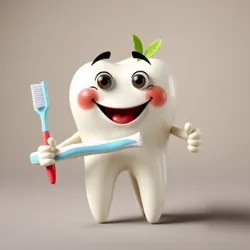 A tooth character with eyes and a big smile holding a toothbrush