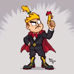 An illustration of Captain Chaos, looking bewildered, holding his infamous rubber chicken